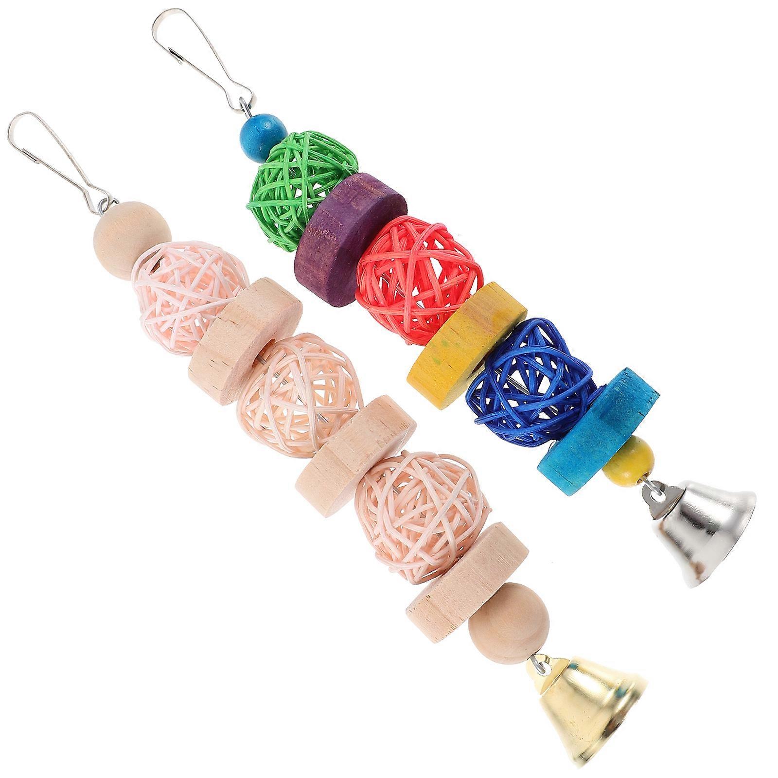 Natural Wooden Chew Blocks for Parrots 2pcs Hanging Molar Toy with Hook, Durable Bird Cage Accessory for Fun Exercise