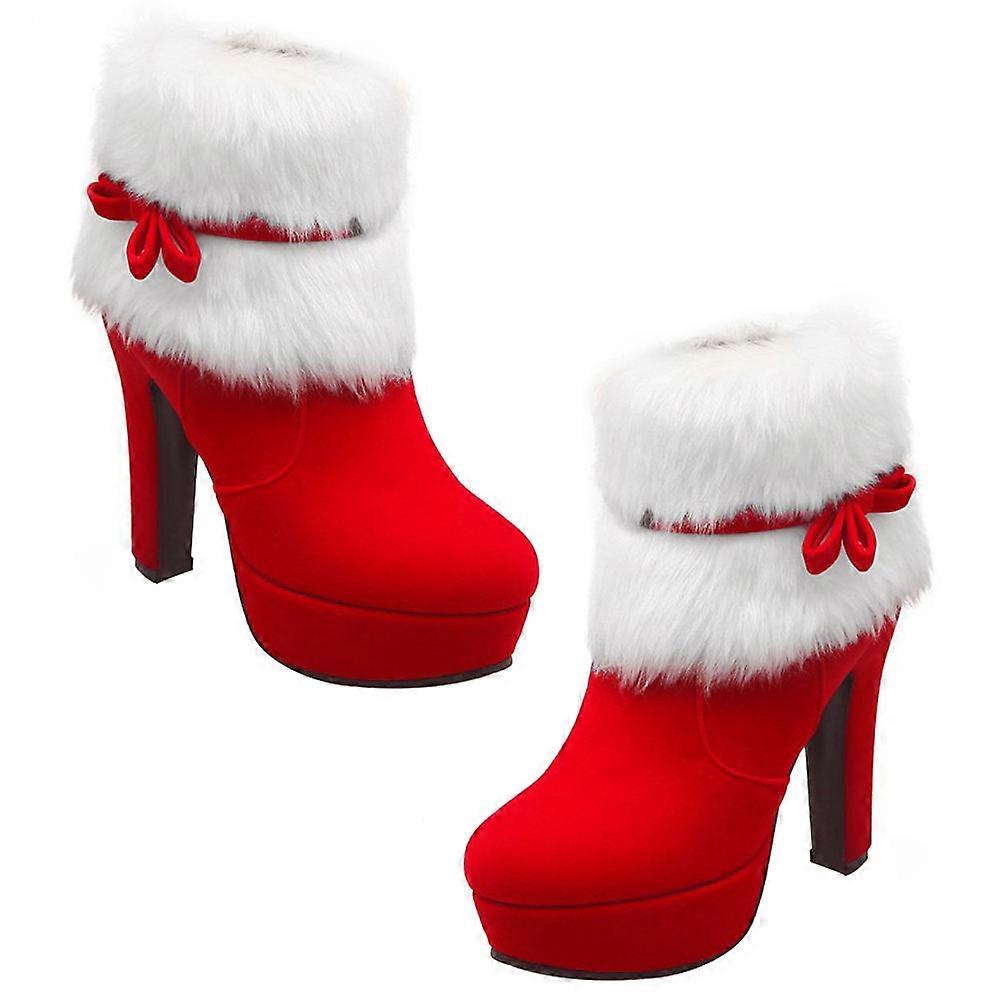 a polished product description based on your input:

 

**Christmas Plush Platform High Heel Ankle Boots Women's Winter Short Suede Bow Embellished
