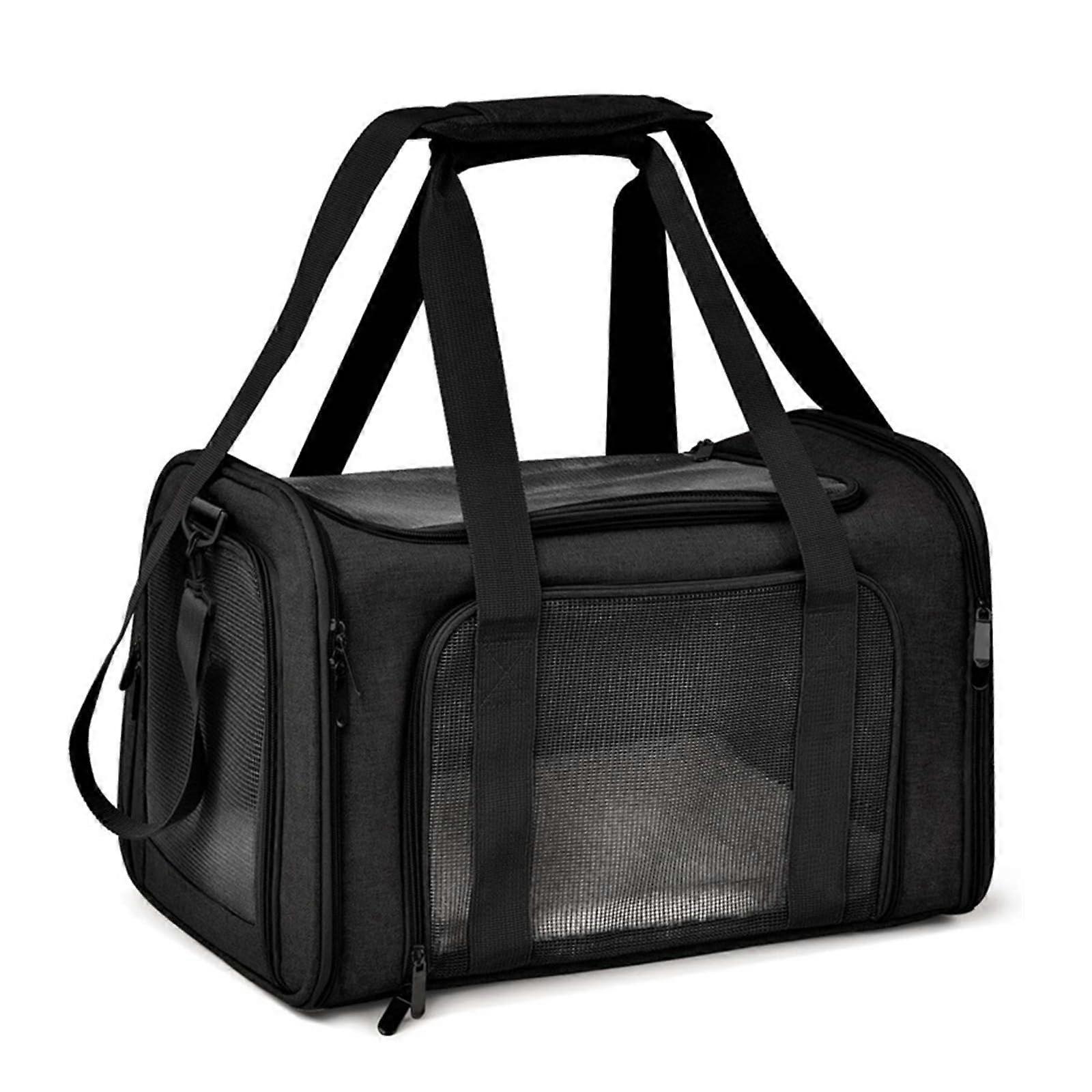 Foldable Dog Transport Box with Shoulder Strap, Removable Mat, Black, M