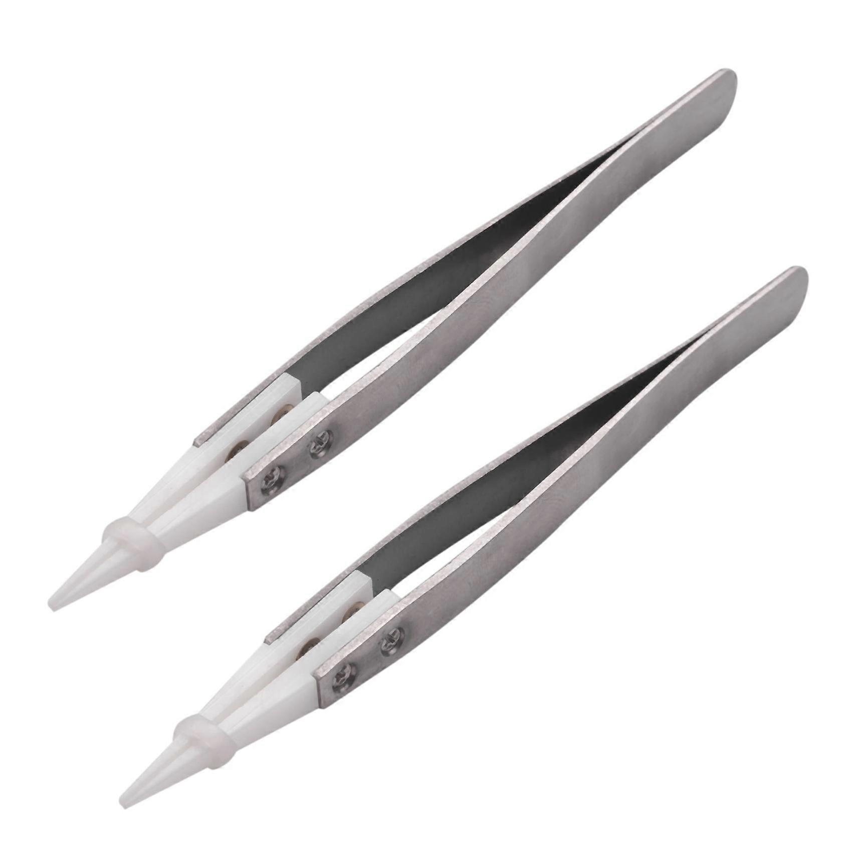 2X Ceramic Tweezers with Stainless Steel Handle Refractory Acid- Pointed Tweezers