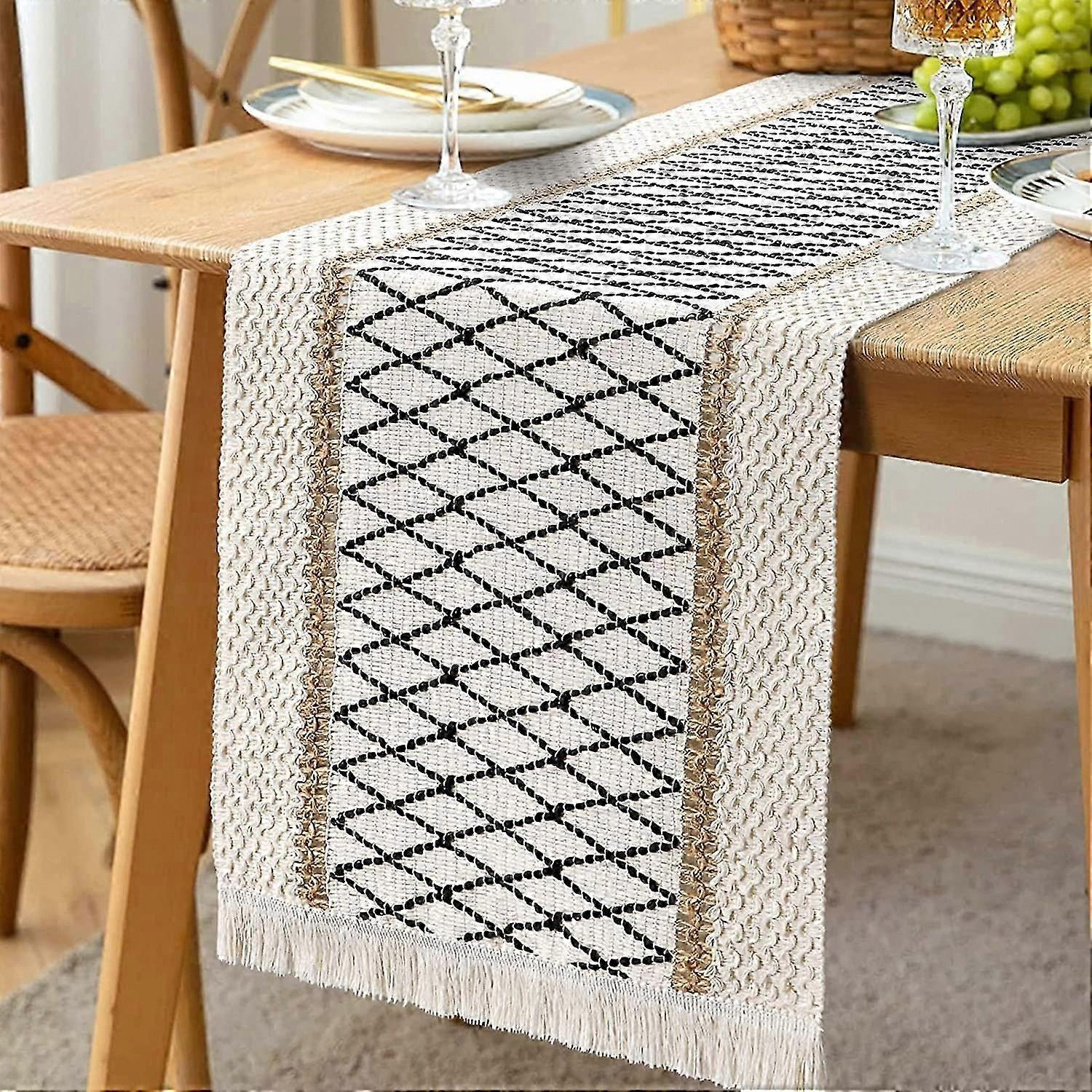 Boho Table Runner with Tassels, Cream Beige Hand Woven Cotton and Burlap Table Runner for Dining Decor