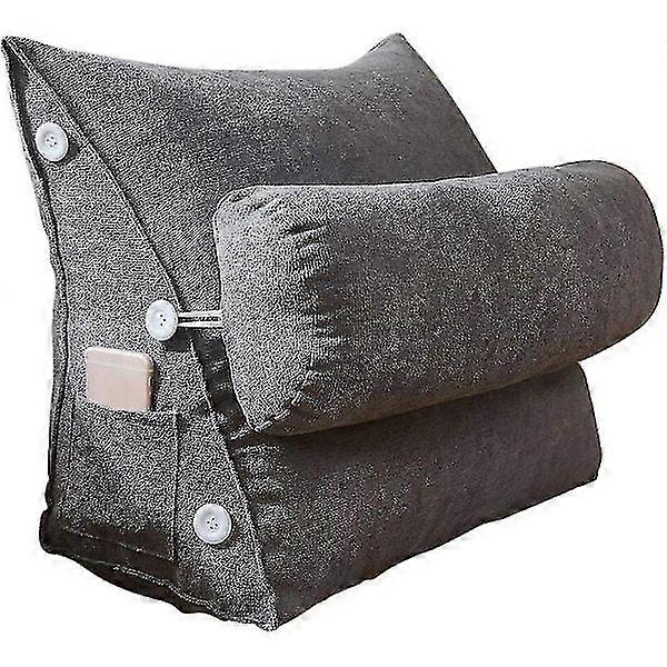 Triangular wedge pillow, reading pillow, back cushion with removable neck support and side pockets, back support