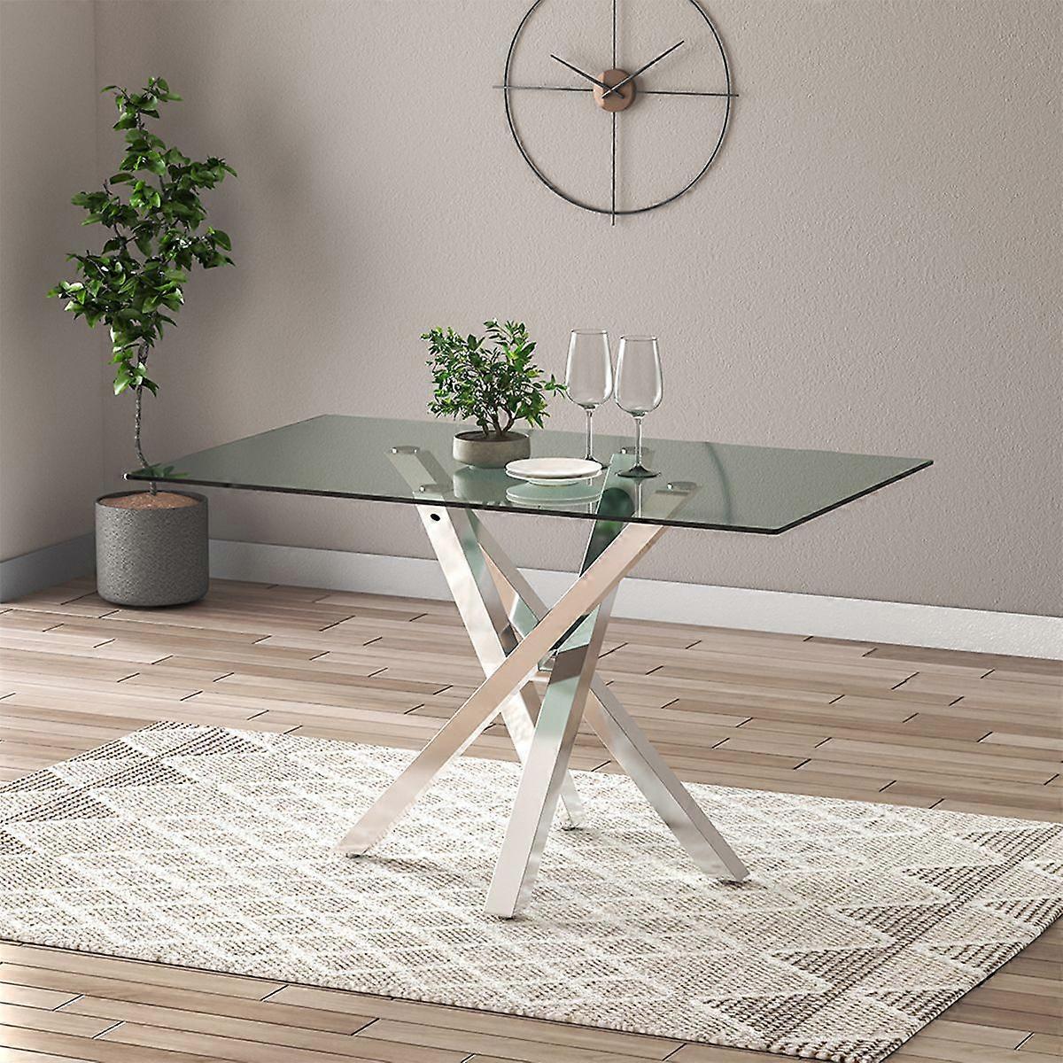 51 INCH Rectangle Modern Trestle Dining Table with Tempered Glass Top
