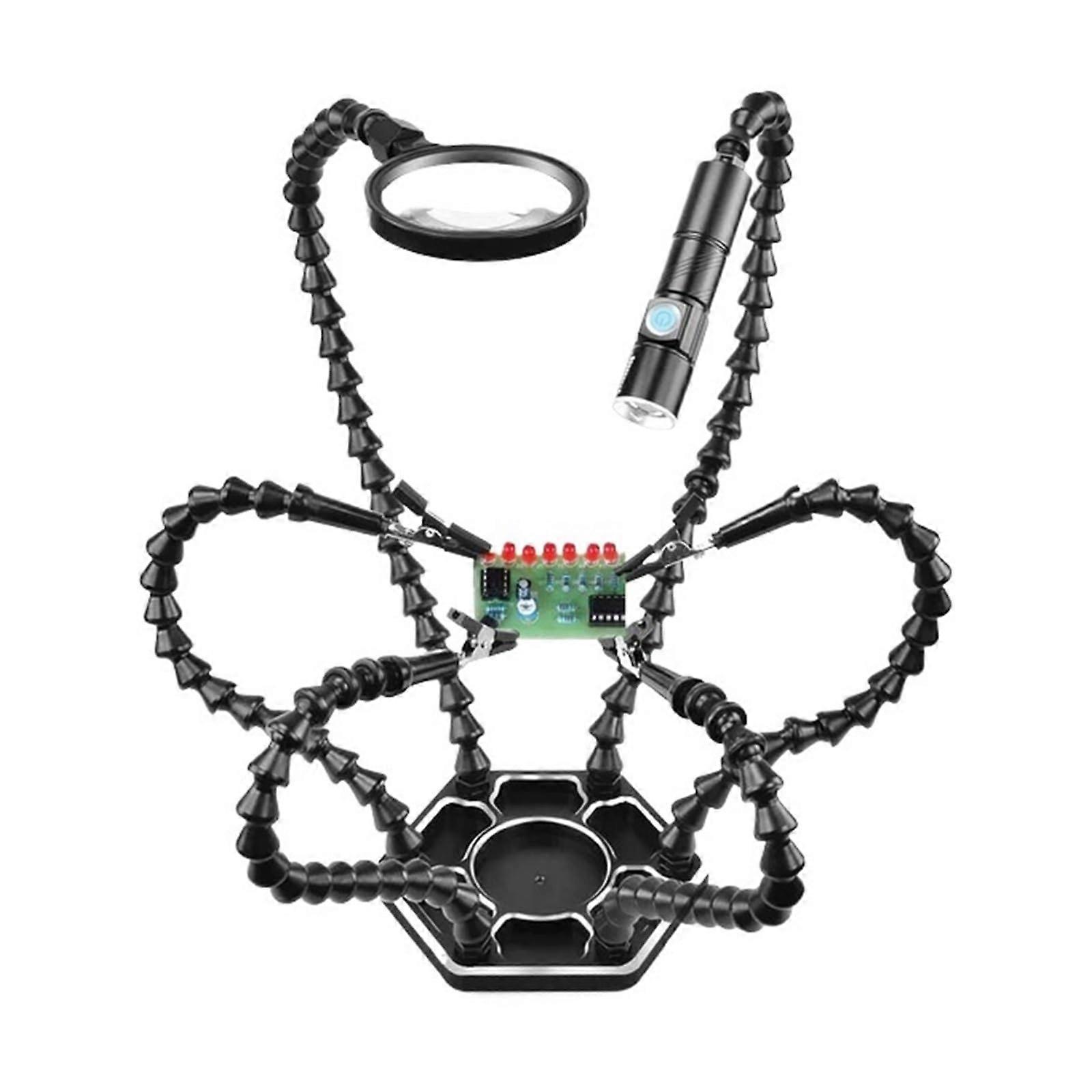 Welding Third Hand Tool with 6 Adjustable Arms, Magnifying Glass and USB Flashlight, Blue and Black Color