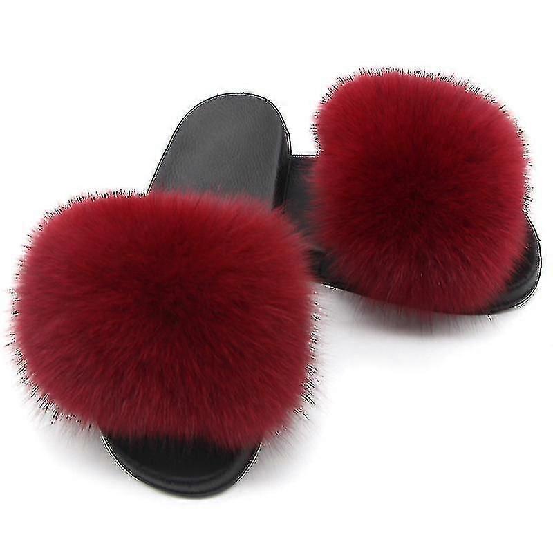 Fox Fur Slides för kvinnor, Comfort Open Toe Inomhus Utomhus Tofflor, Ojk Brand