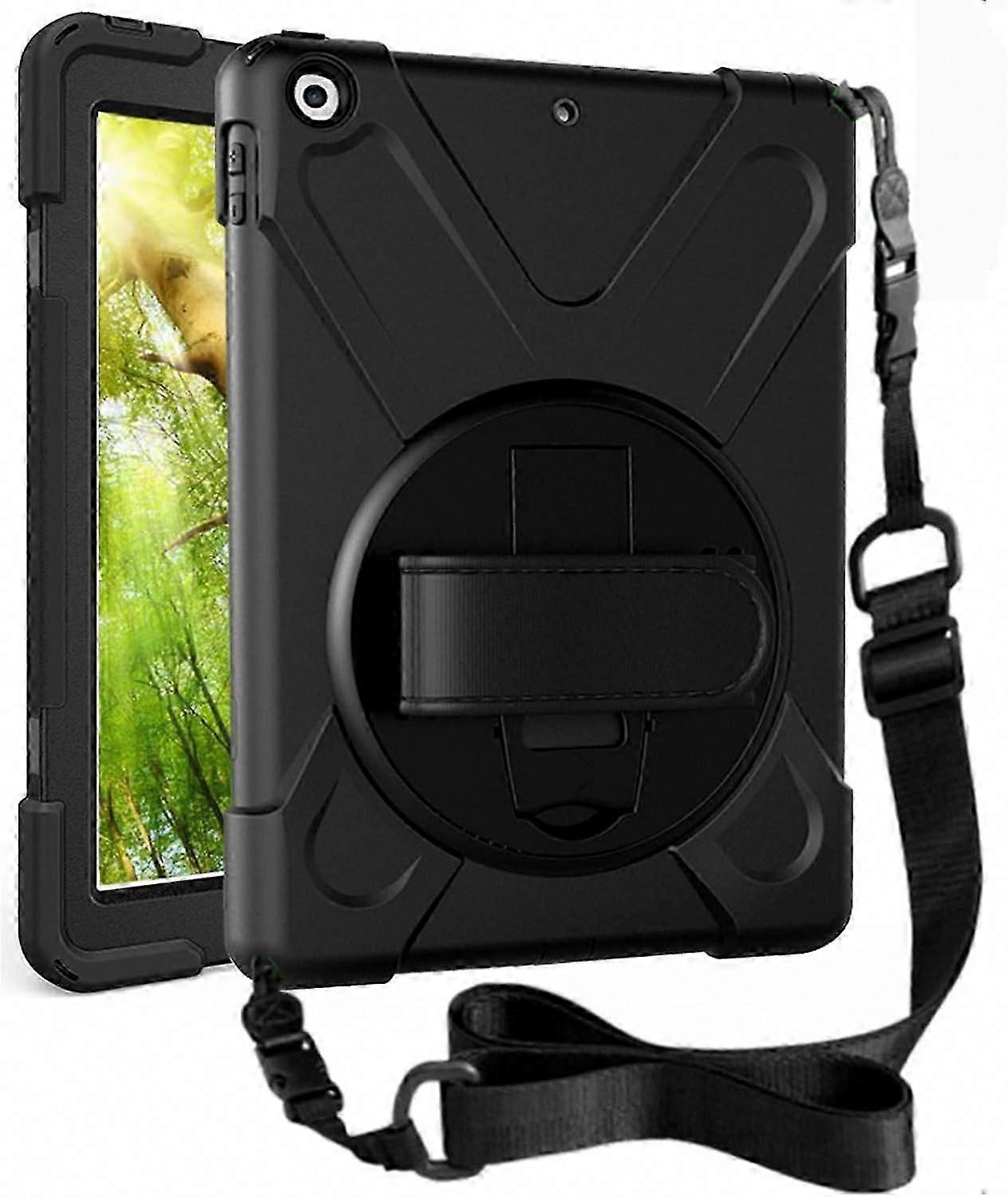 9th/8th/7th Gen Case 10.2 inch, Shockproof with Screen Protector, 360 Rotating Hand Strap & Stand for 2021/2020/2019 Models (Black)