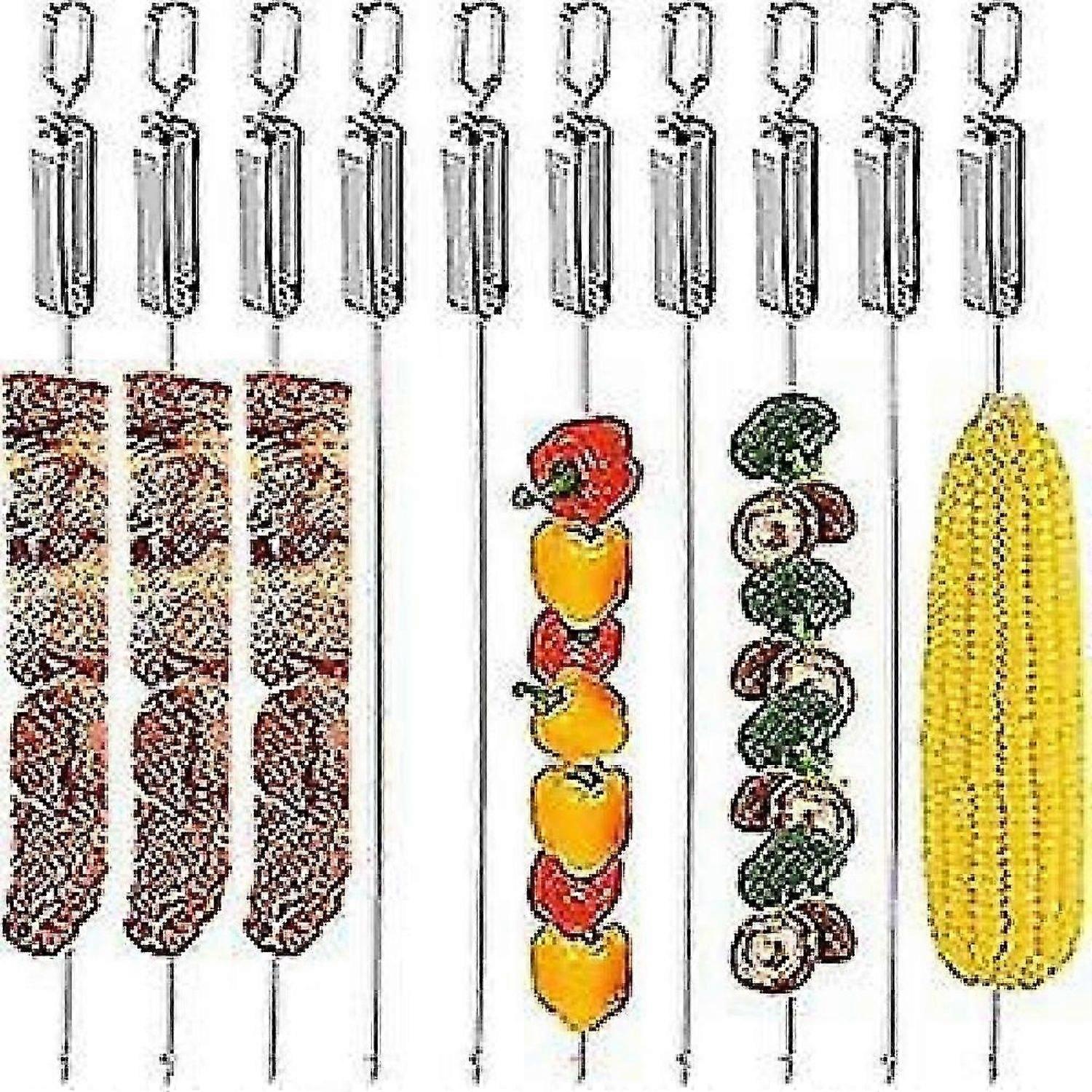 10pcs Bbq Skewers, Reusable Steel Kabob Skewers For Barbecue Grilling With Metal Sliding Handle For Oven Meat Shish Chicken Vegetable -HK908