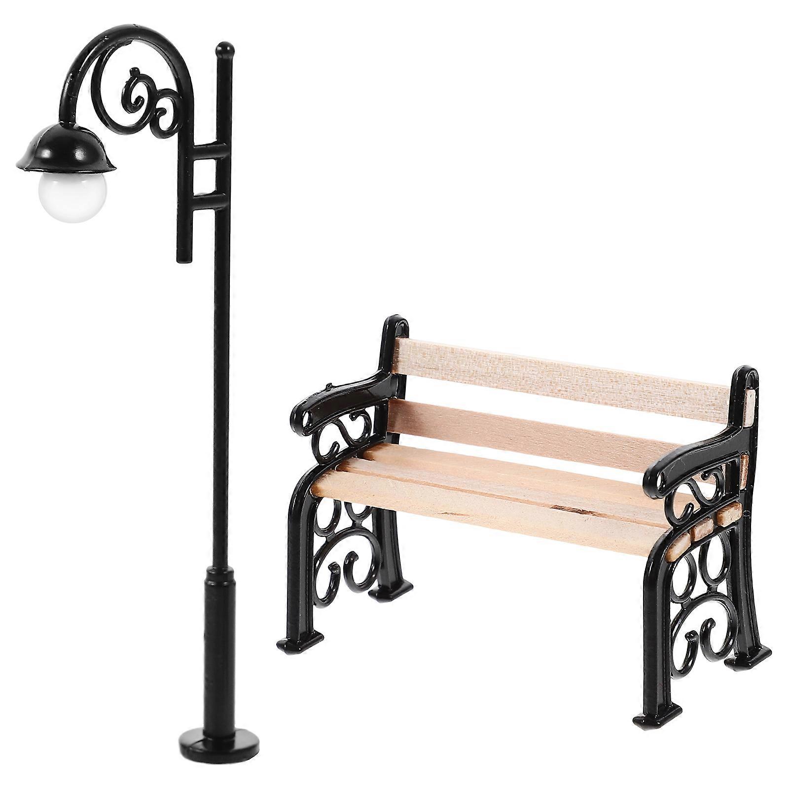 Miniature Park Bench and Street Lamp Set for Decoration 3Sets