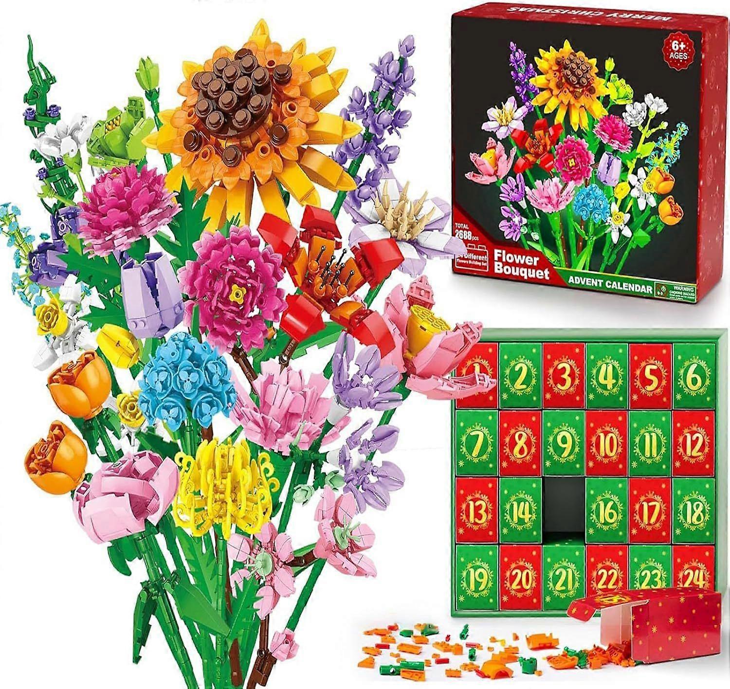 2025 Flower Bouquet Blocks Christmas Advent Calendar, 24 Days Sunflower Bouquet Blind Box