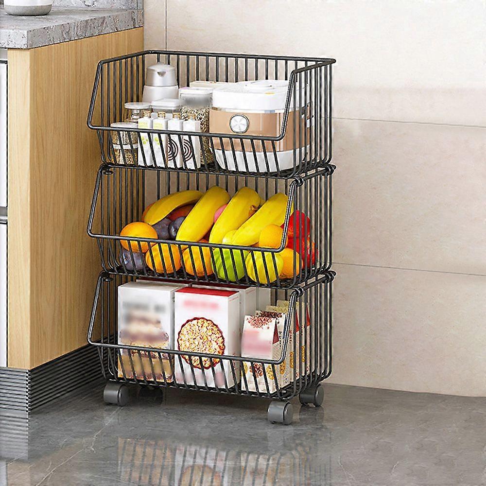 3 Tier Fruit Basket for Kitchen Storage Cart Stackable Metal Wire Storage Basket Snacks Organizer Baskets with Rolling Wheels Potato Onion Storage Bin