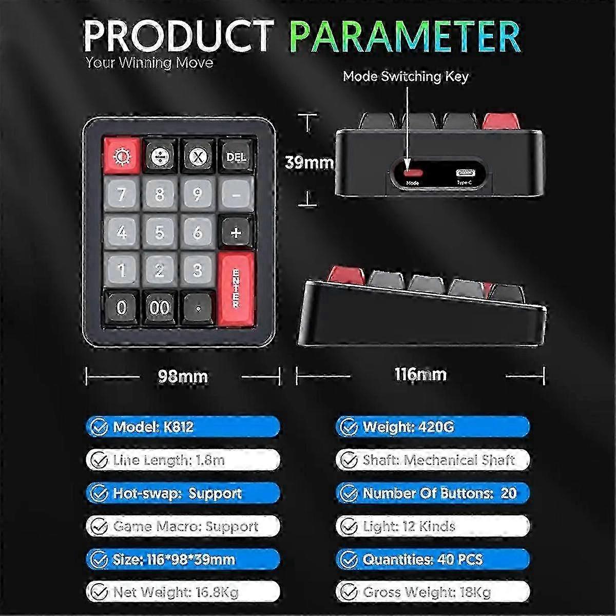 K812 Wired Mechanical Gaming Keyboard with Hot-Swap Numpad & RGB Lighting - Programmable for Gameplay