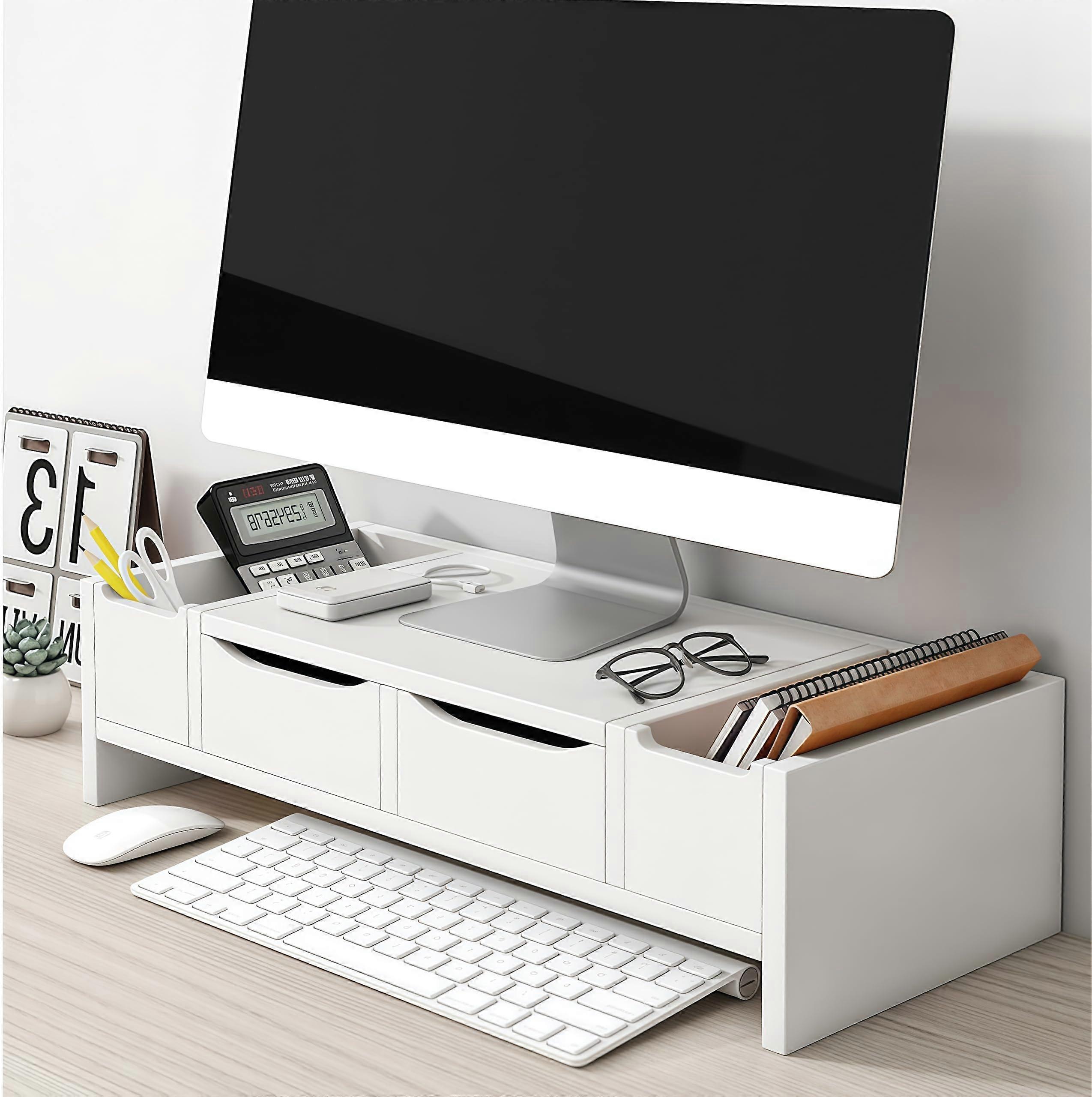 Wooden Monitor Stand with Drawer 2Tier Desk Organizer for Computer and Flat Screen TV White SpaceSaving Desktop Riser