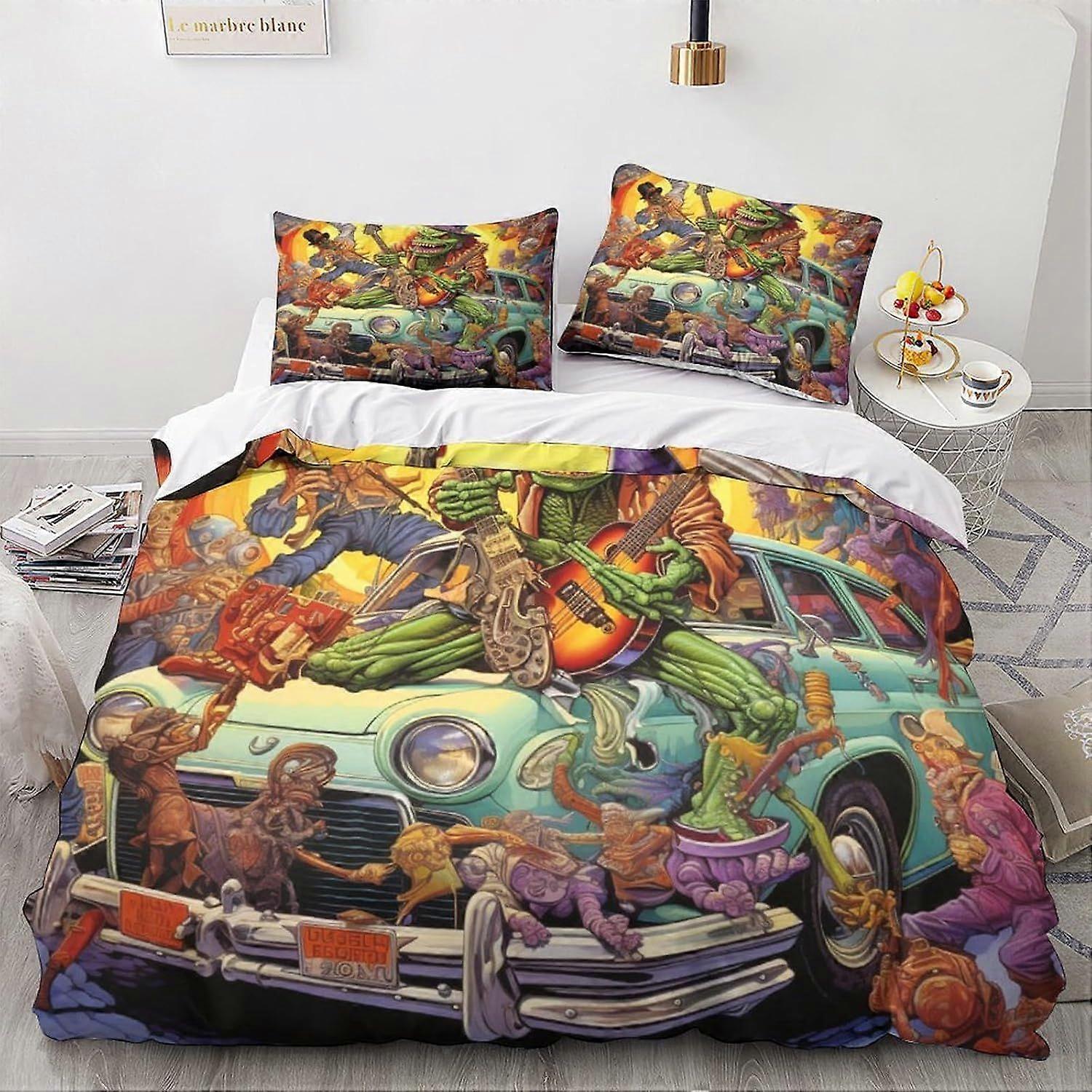 LikeEj monstros edredom capa conjunto, 3D vintage carro roupa de cama conjunto com fronhas de microfibra & zíper fechamento colcha caso desenhos animados impresso efeito rei