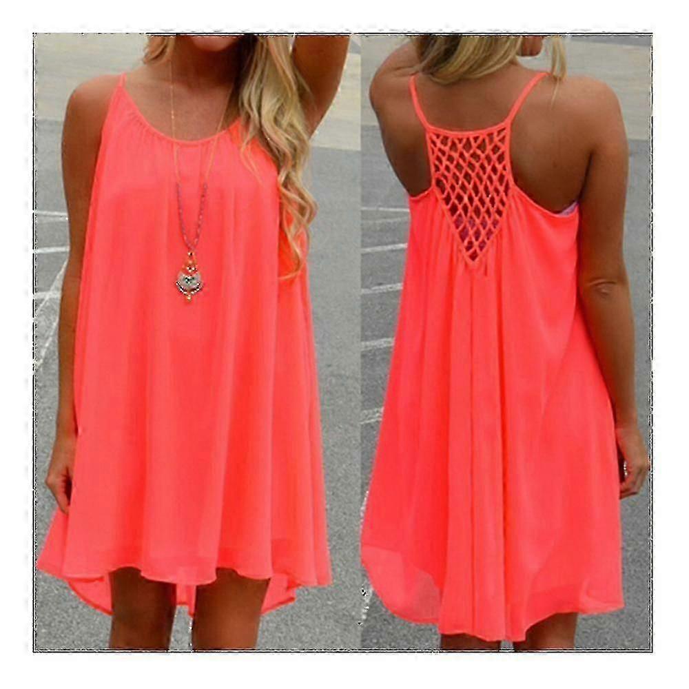 Backless Sleeveless Chiffon Beach Dress with Suspender Checks Splicing