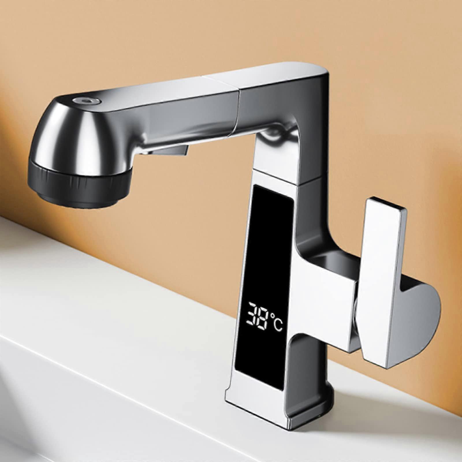 Pull Out Bathroom Faucet with 360° Swivel Spout, Brass Chrome Sink Tap, Single Handle Temperature Display