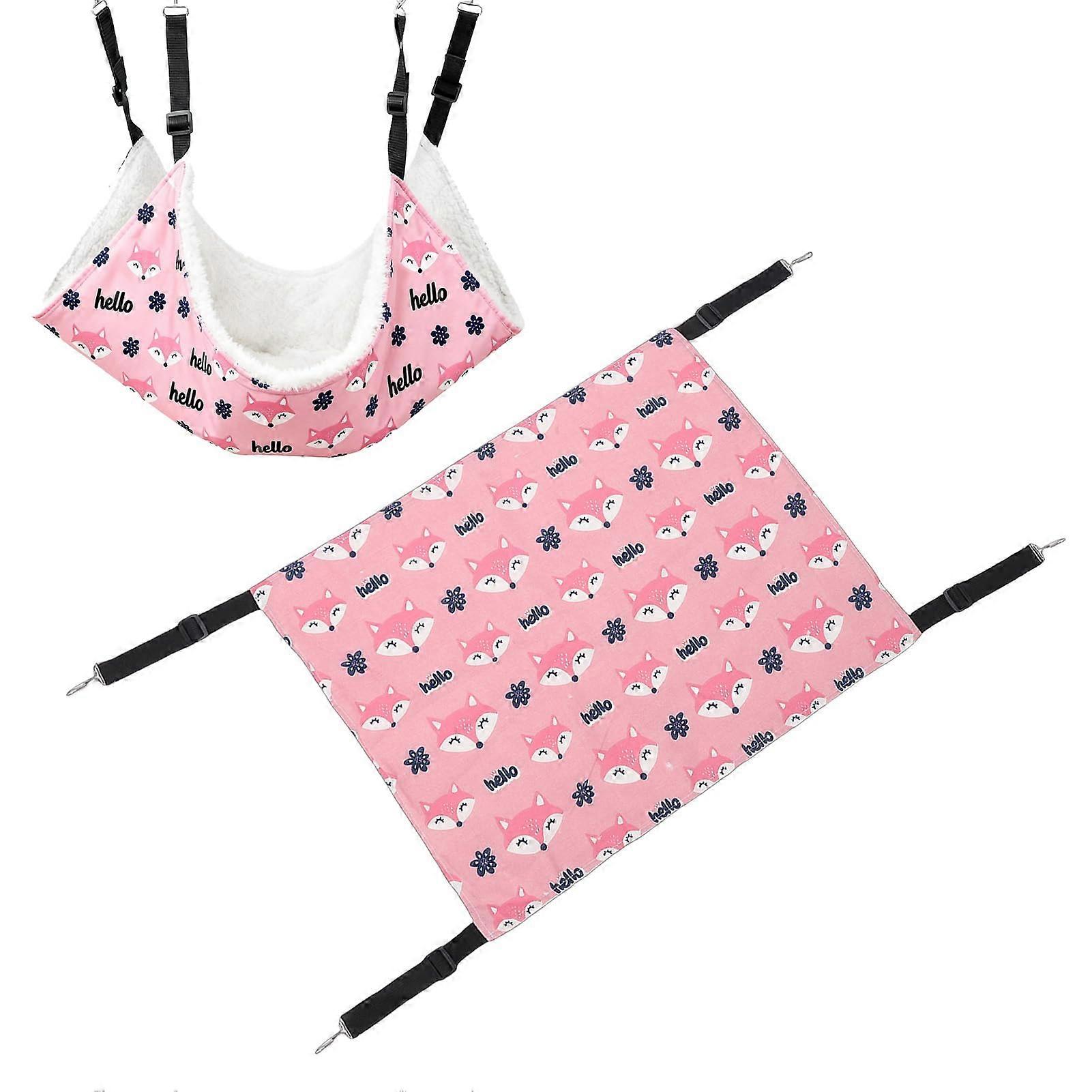 Cat Hammock for Cage Reversible Fleece and Linen with Adjustable Straps and Steel Hooks Pink L