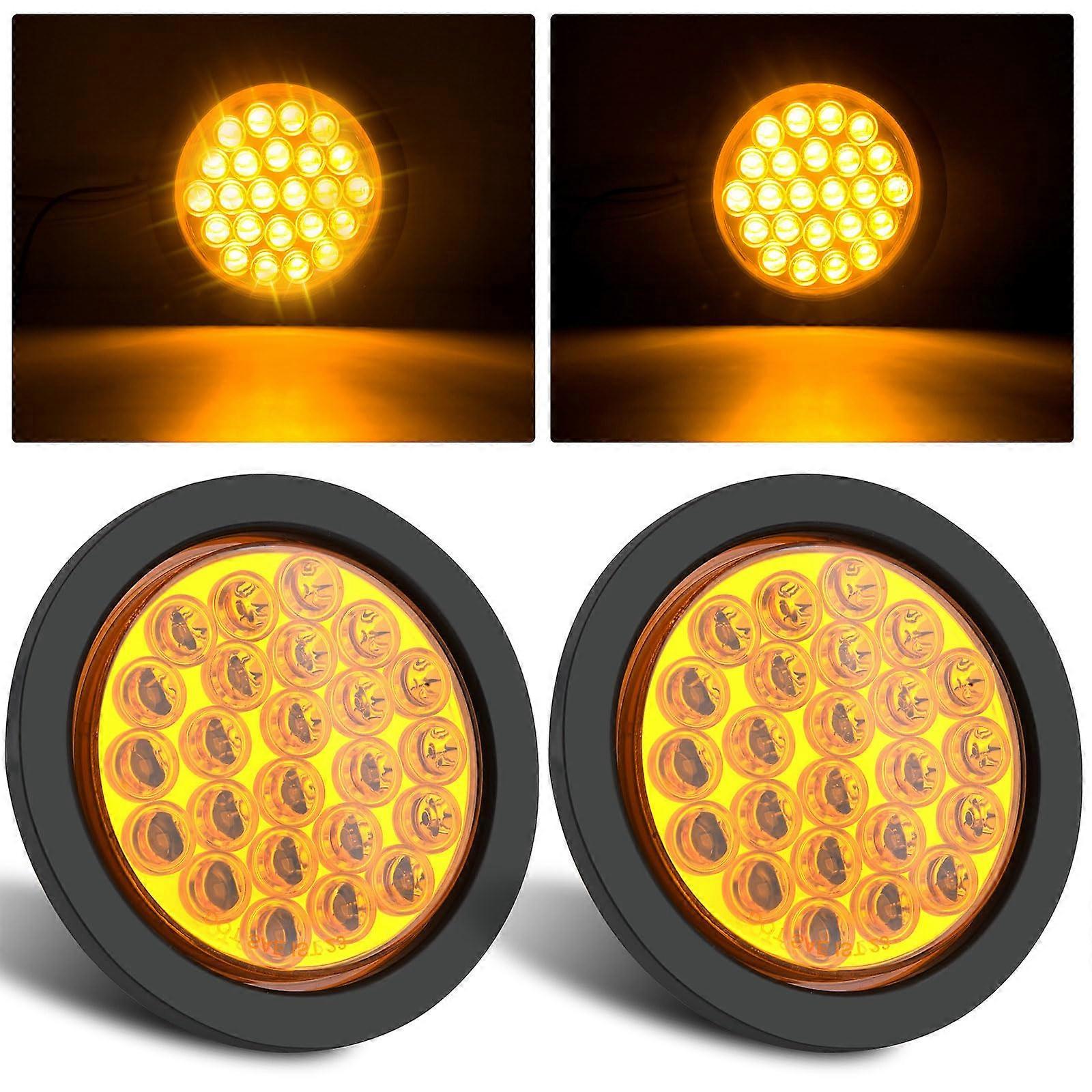 2Pcs 4 Inch Round Amber LED Strobe Trailer Tail Lights 24 LED IP67 Waterproof Brake Turn Signal
