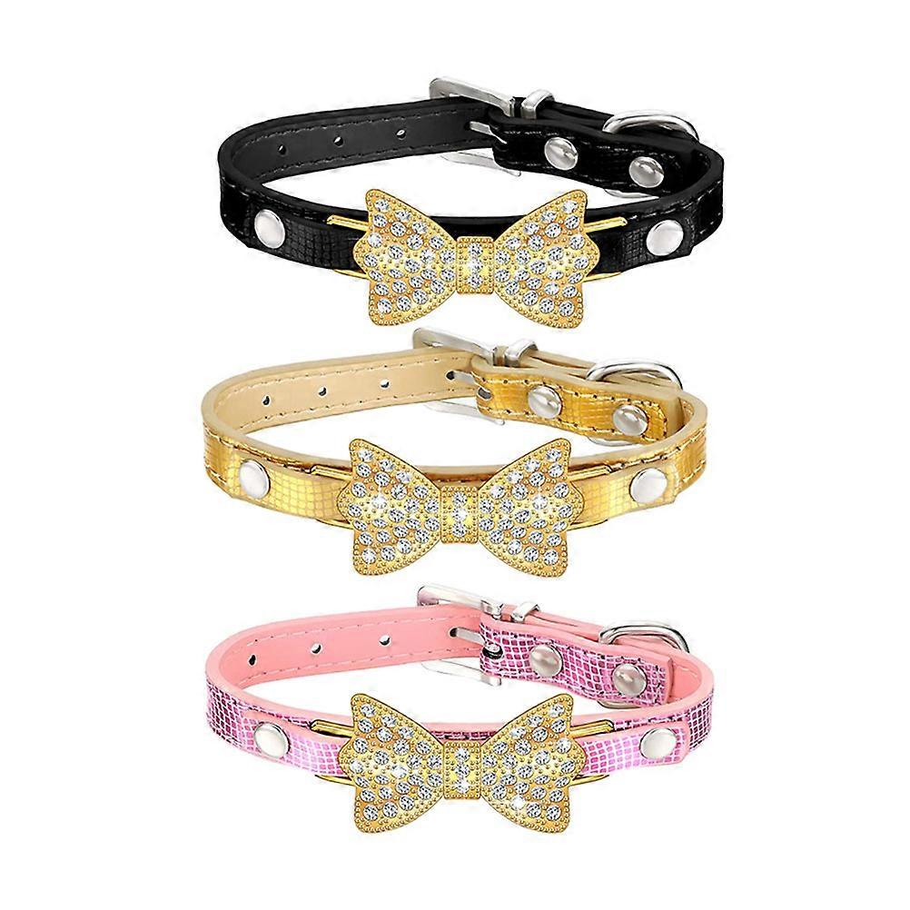 Pet Collar Comfortable 3Pcs PU Rhinestone Bowknot Dog Collar