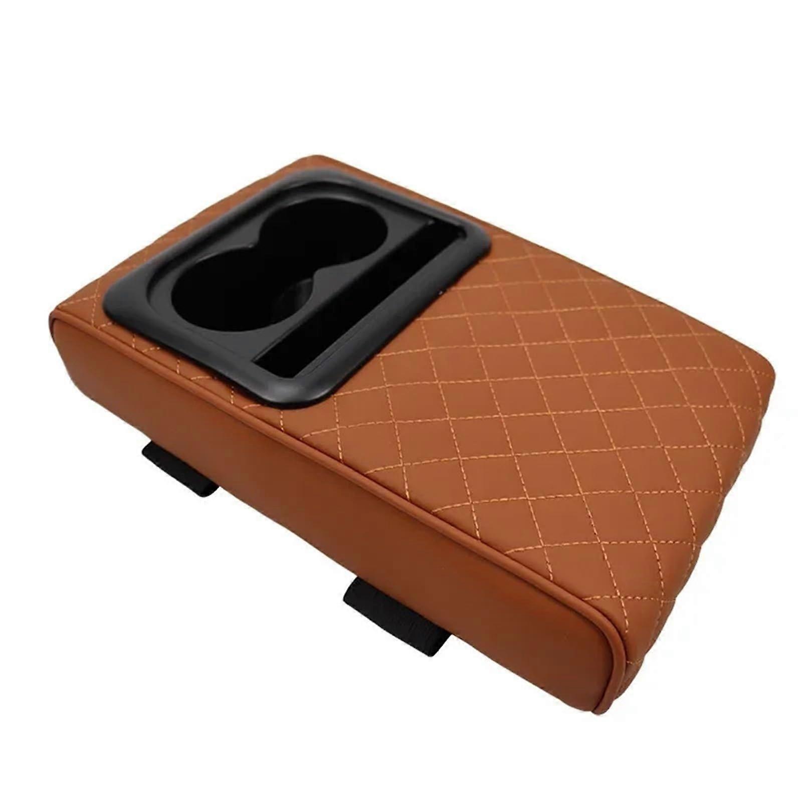 Leather Car Armrest Pad with Height Booster, 2 Cup Holders, Storage Box, Universal Console Fit, Orange