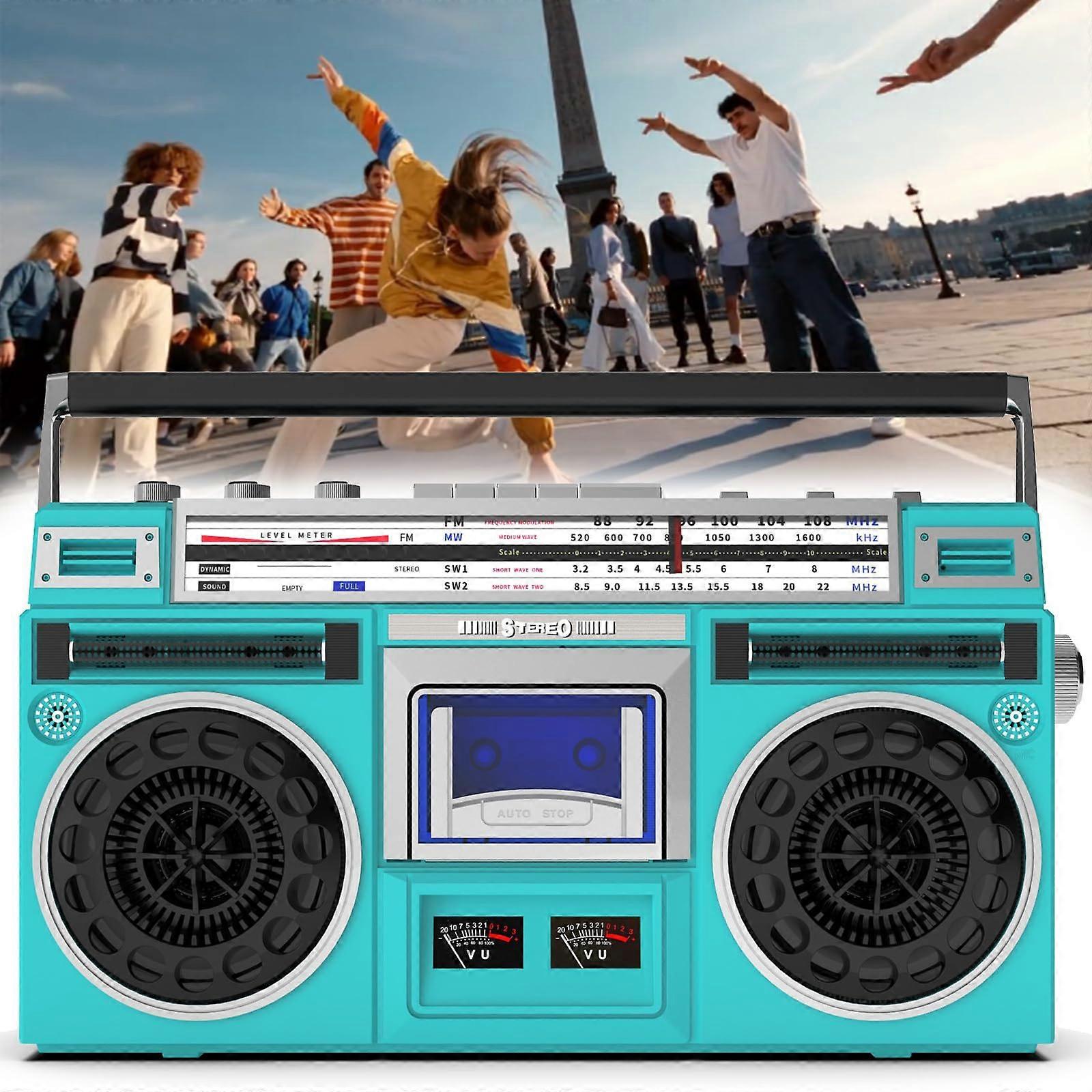 Portable Cassette Stereo Speakers Tape Player Recorder Bluetooth Boombox Teal AM/FM SW1 SW2 Radio SD/USB Input