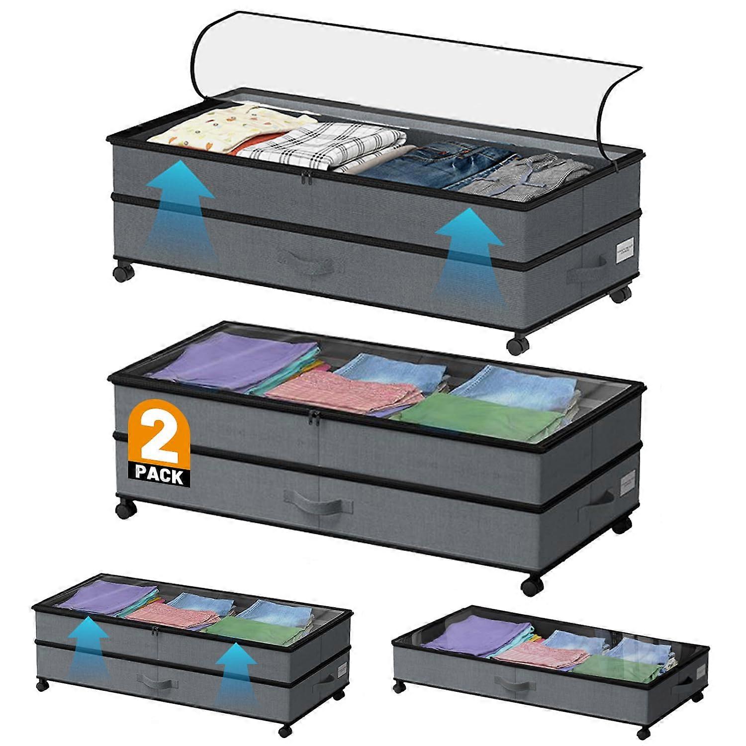 Under Bed Storage Bins with Wheels, 2 Pack Adjustable Height Containers with Clear Lids for Clothes, Shoes, Grey