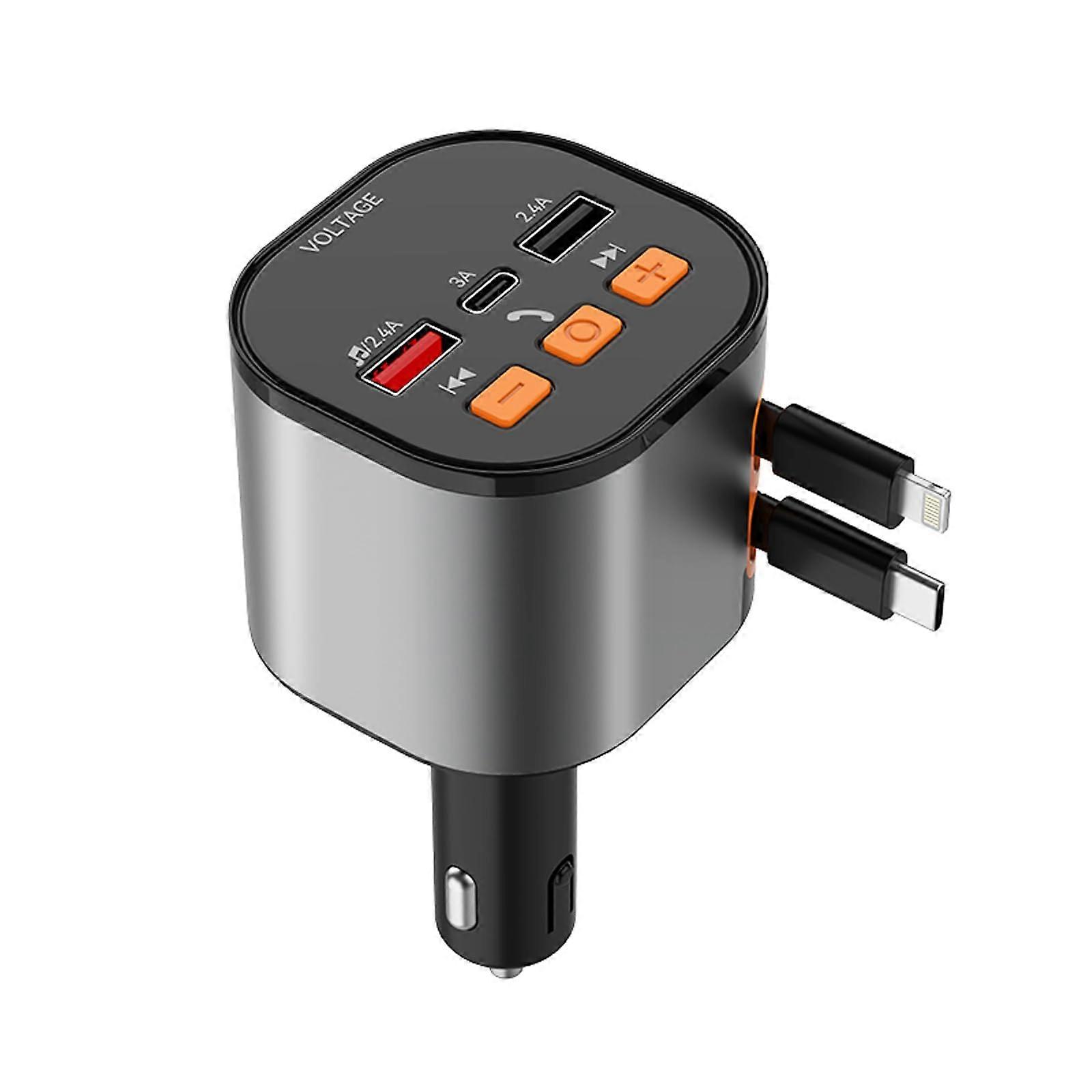 Bluetooth FM Transmitter 5.0 Car Adapter with 166W Fast Charging and Retractable Cables