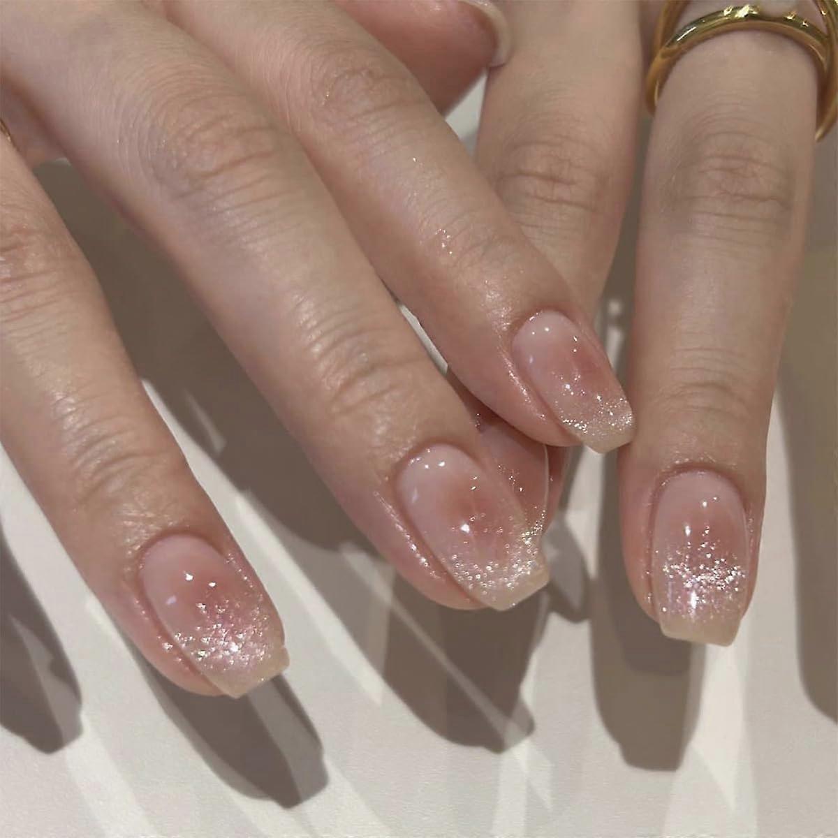 Pink Gradient Press On Nails Set Medium Square Acrylic Fake Nails with Reusable Jelly Glue Kit