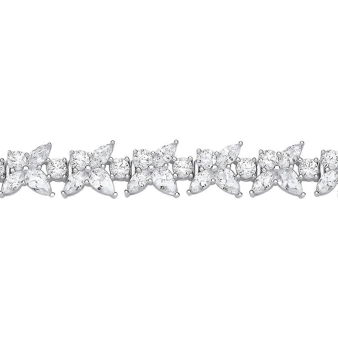 Jewelco London Ladies Sterling Silver Pear Marquise CZ Forsythia Trillium Flower Cluster Tennis Bracelet 7.5 inch