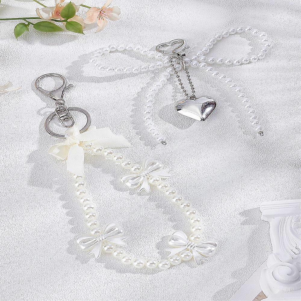 2pcs 2 styles Zinc Alloy Plastic Polyester Keychains Bowknot Platinum White 12~17.5cm 1pc/style