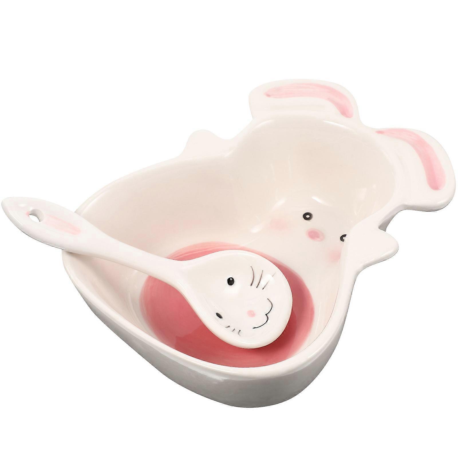 Cartoon Rabbit Bowl Ceramic for Food Serving with Spoon