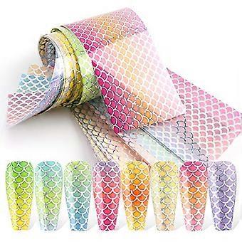 Holographic Nail Art Foil Set with Laser Fish Scale Gradient Mermaid Design, 10pcs Transfer Sheets