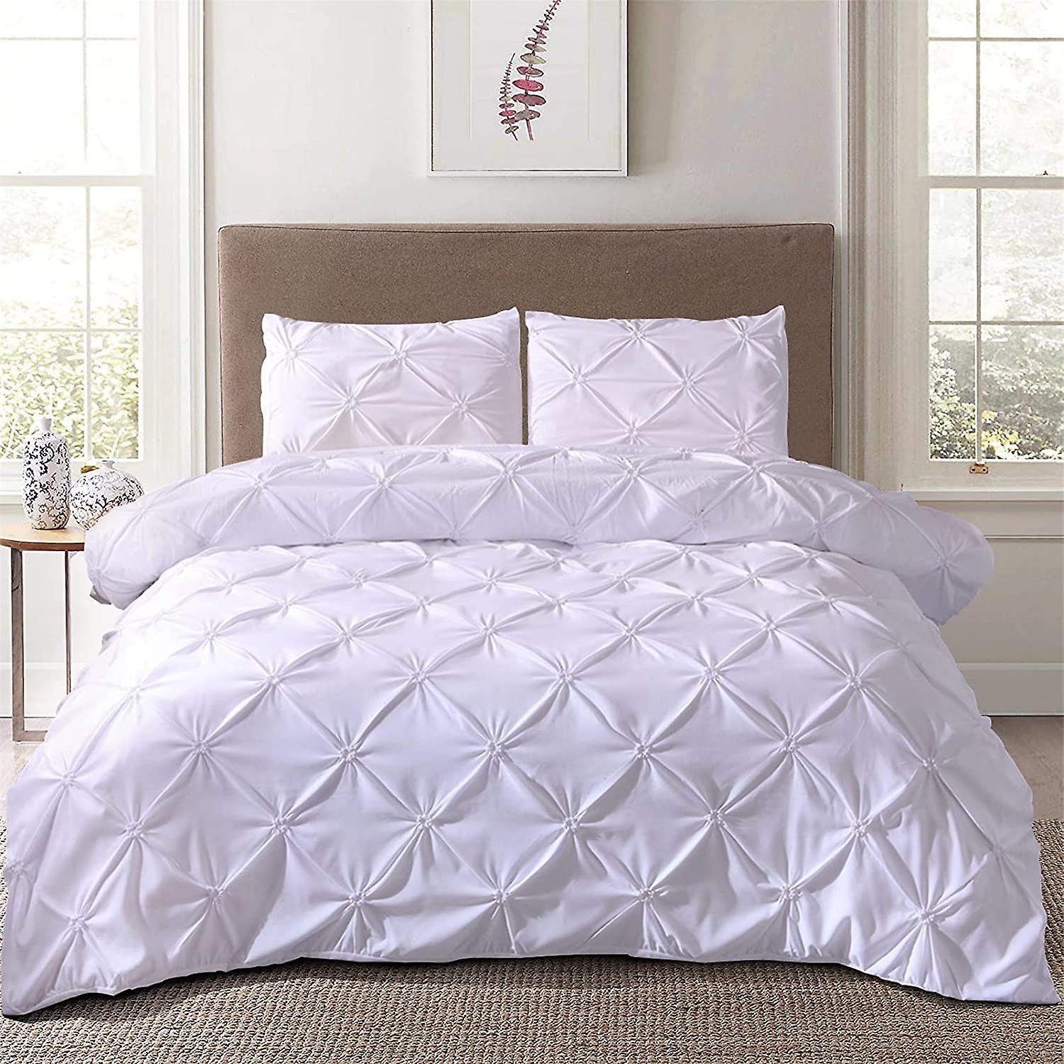 Conjunto de Cama com Pregas Brancas 3 Peças Pintuck Conjunto de Capa de Edredom com 2 Fronhas Capa de Edredom de Flores com Fecho de Zíper Microfibra Macia Tamanho Duplo 2