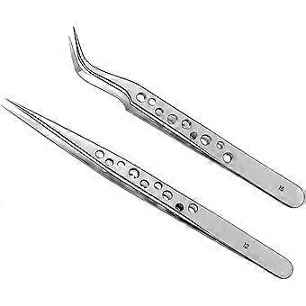 Eyelash Extension Tweezers Stainless Steel Straight And Curved Volume Lash Tweezers Set Of 2 For Professional Eyelash Extension Application -9 Holes