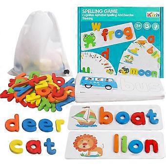 Reading & Spelling Learning Toy,Wooden Educational Developmental Toy Sight Words Spelling Skills with 28 Double Sided Flash Cards and 52