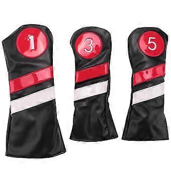 Waterproof Vintage PU Golf Head Covers Set for 1, 3, 5 Wood Clubs - Black & Red