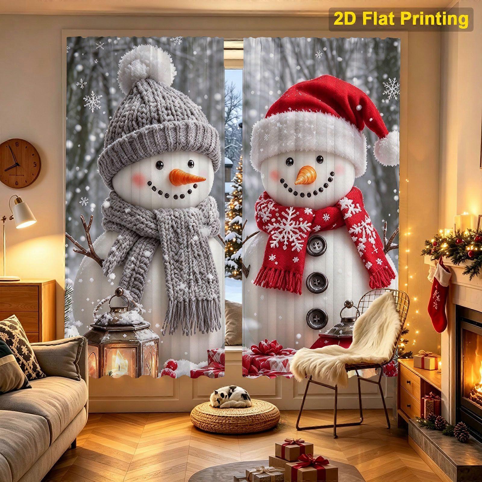Curtain with a Print Featuring gray-hat snowman