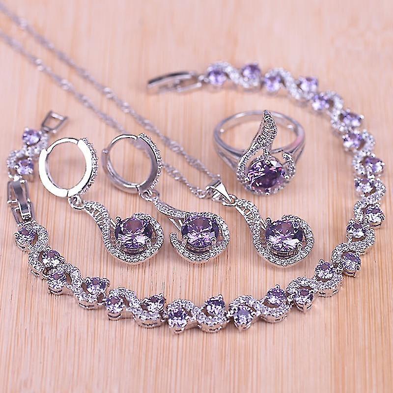Square Purple- Zircon & Crystal Silver, Jewelry Set