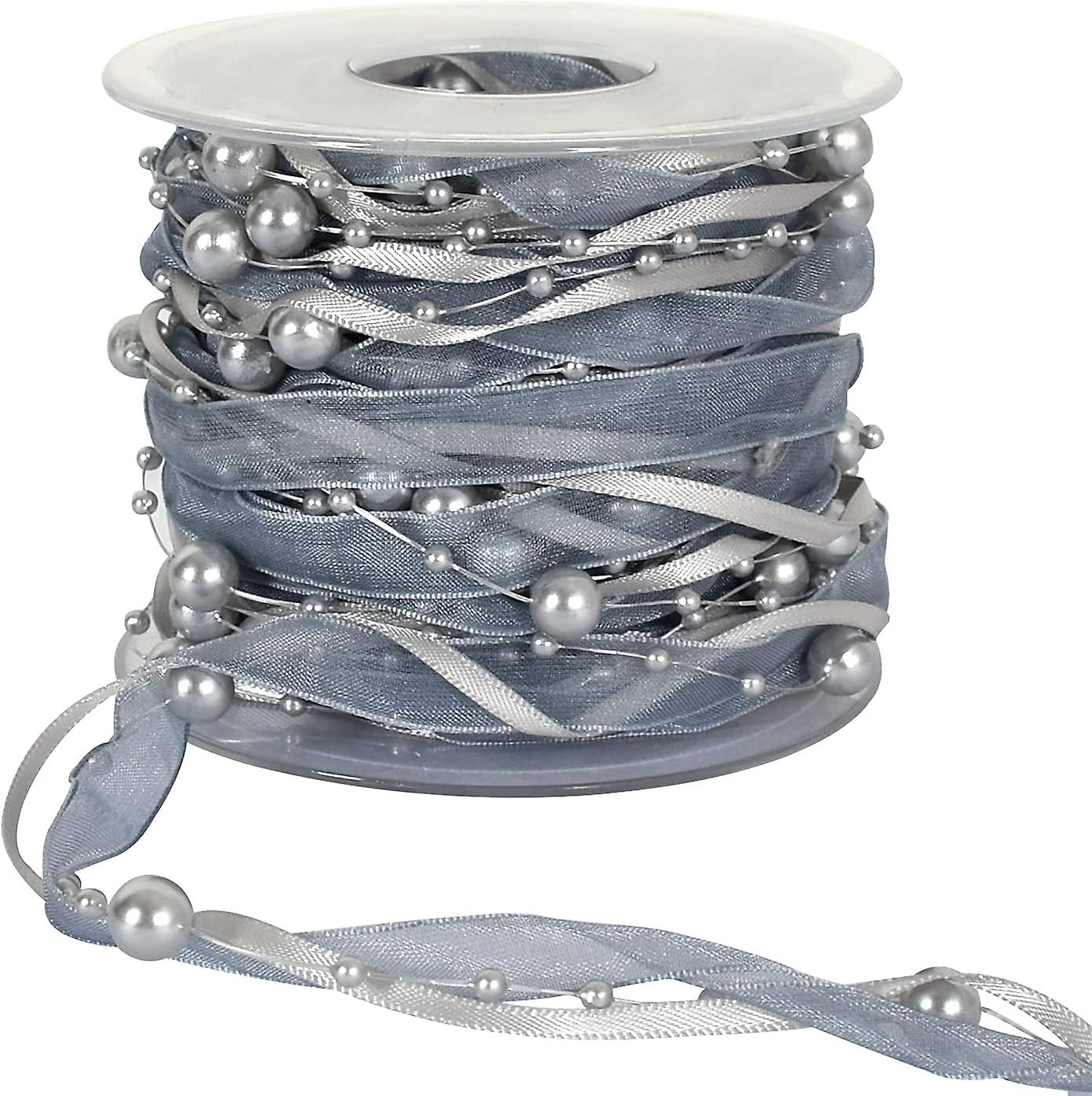 11 Yards Gray Silver Beads Chain Ribbon Artificial Pearls String Beads Sheer Chiffon Satin 3 Strings Style for Garland Wedding Party Crafts Decoration
