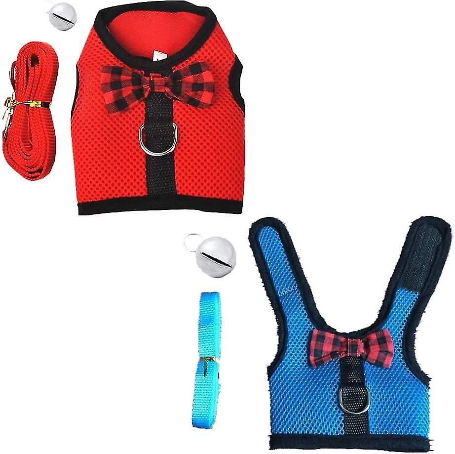 2 Sets Breathable Mesh Net Harness Vest With Bell For Small Animals Rabbits Guinea Pigs Cats (l: Chest: 35-40cm / 13.77-15.74", 1x Red, 1x Blue)