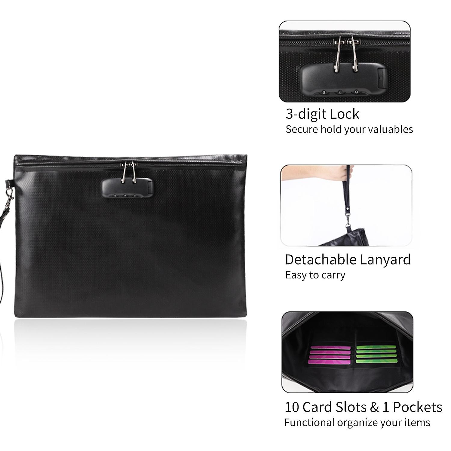 Fireproof Document Bag with Lock Money Safety Organizer Zipper Closure Storage Pouch Pocket with 10 