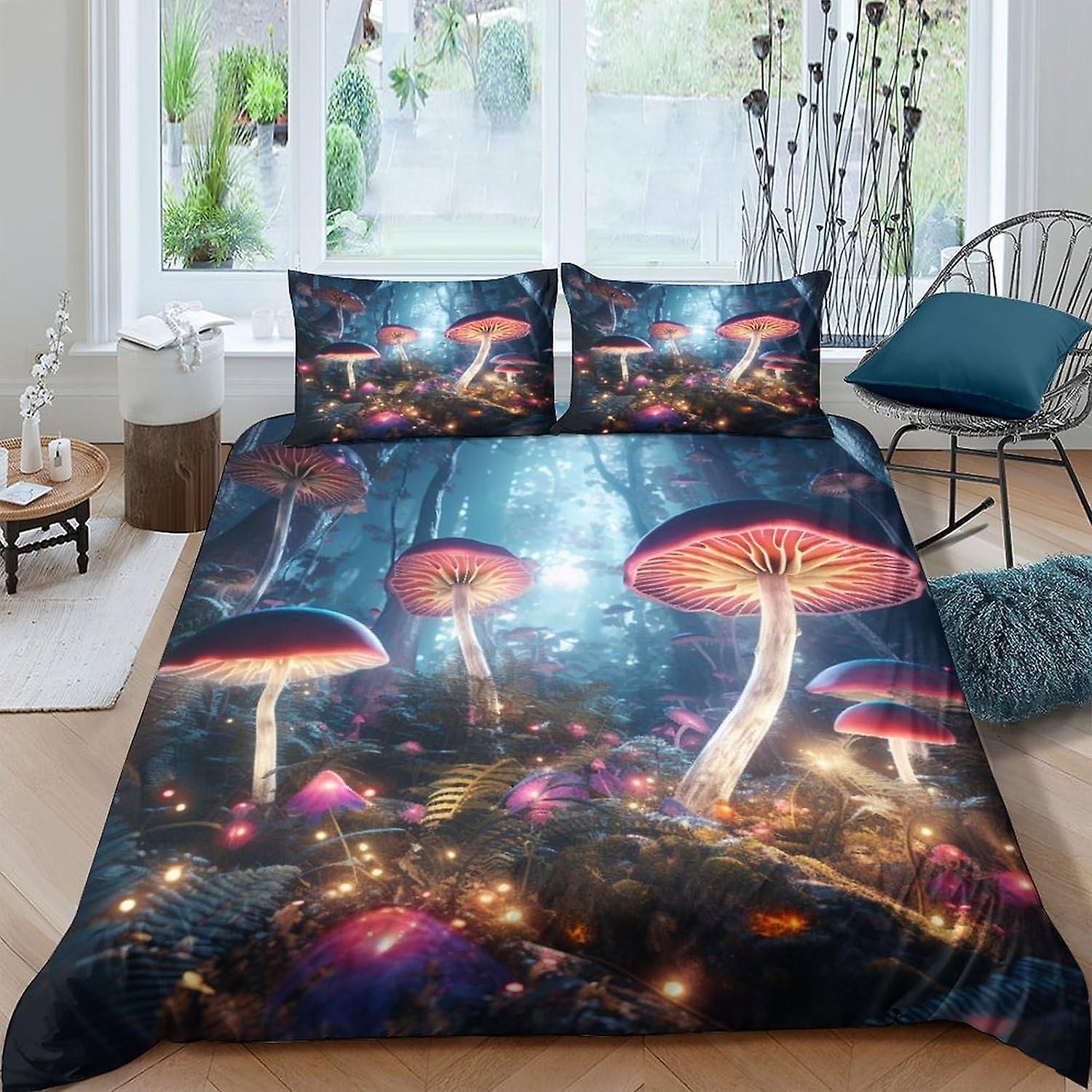 VCLUST Fantasy Mushrooms 3D Print Duvet Cover Set Bedding Sets with Hidden Zipper Closure, Microfiber Polyester Fairy Forest Comforter Quilt Cover For