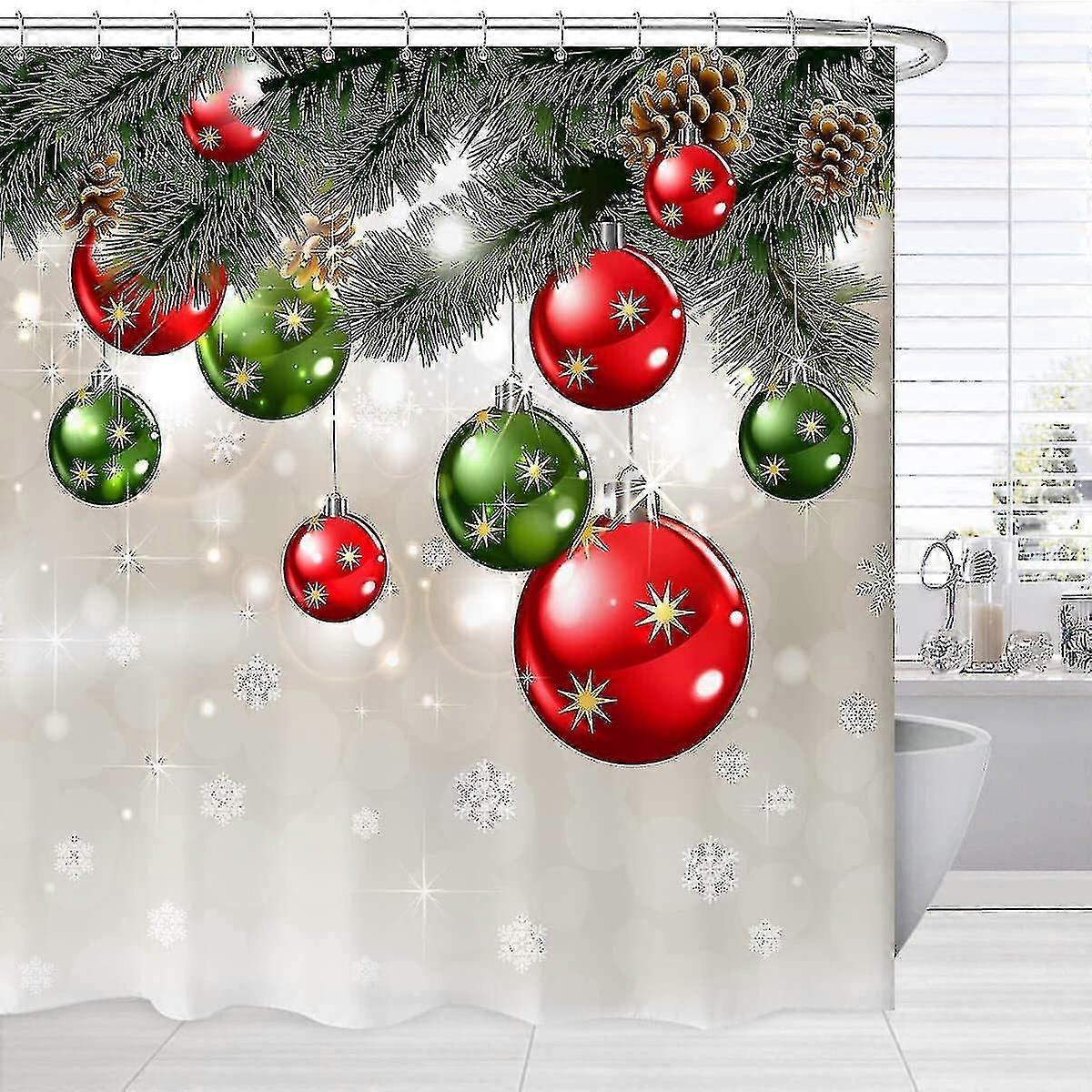 Green christmas shower curtain set, merry xmas baubles on pine tree twig ar