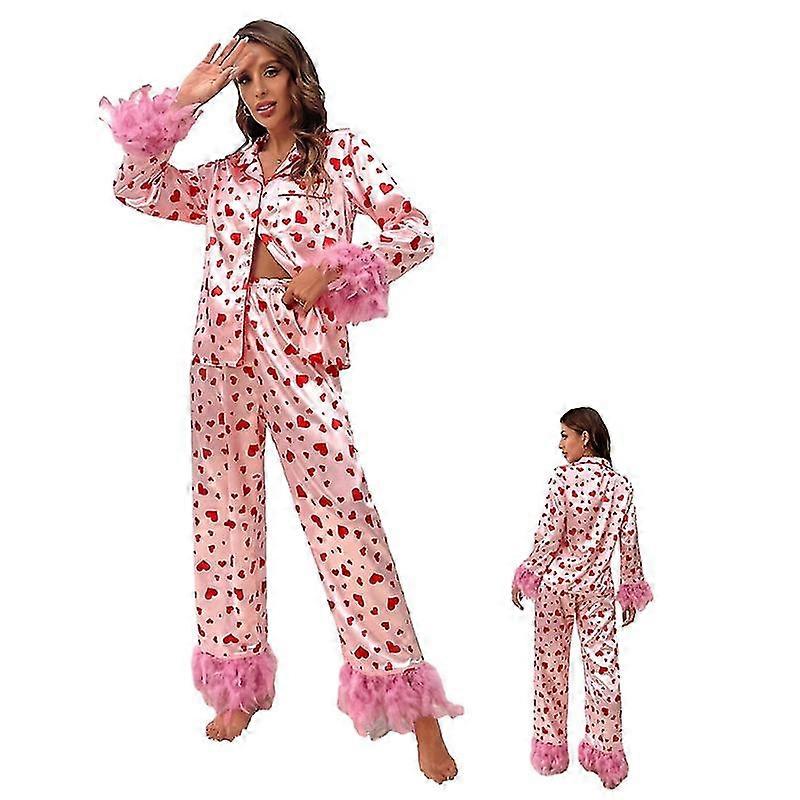 Women's Heart Lapel Fuzzy Loungewear Pajama Set For Valentine's Day