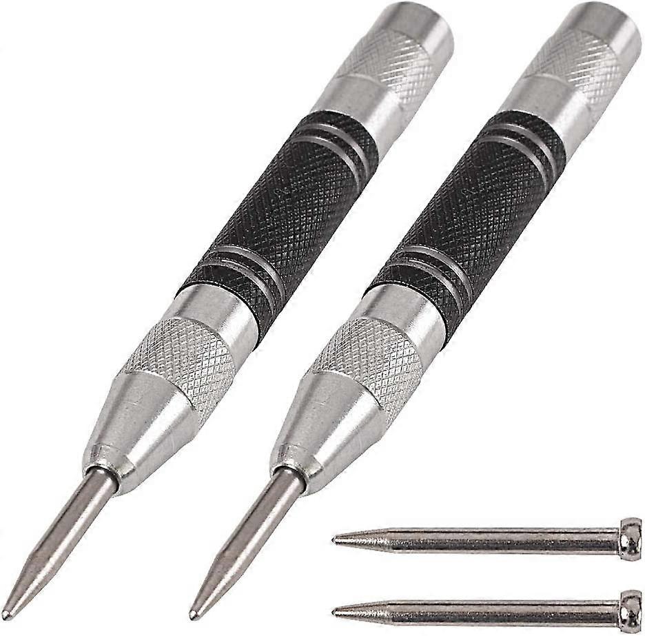 2 Pack 5" Spring Loaded Automatic Center Punches, Adjustable Tension, with 2 Replacement Tips