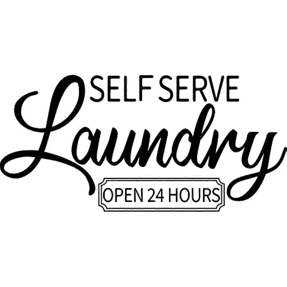 Self Serve Laundry Open 24 Hours Lettering Wall Stickers Vinyl Wall Art Decal for Self-Service Laundry Washing Machine Dryer Laundry Room Black 24x11.