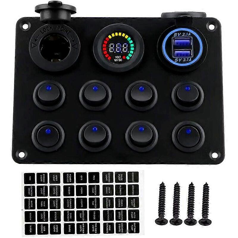 Dual USB Charger Socket 4.2A + 12V Power Outlet + LED Voltmeter + 8 Gang ON-Off Toggle Switch Multi-Functions Panel for Car Marine Boat Rv ATV Truck C