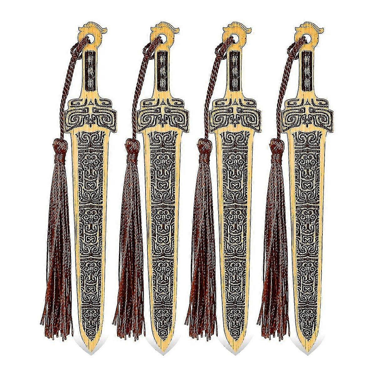 4 Pcs Bamboo Bookmarks With Tassels Retro Sword Bookmark Diy Craft Gift For Man Woman Reading Book-Excellence