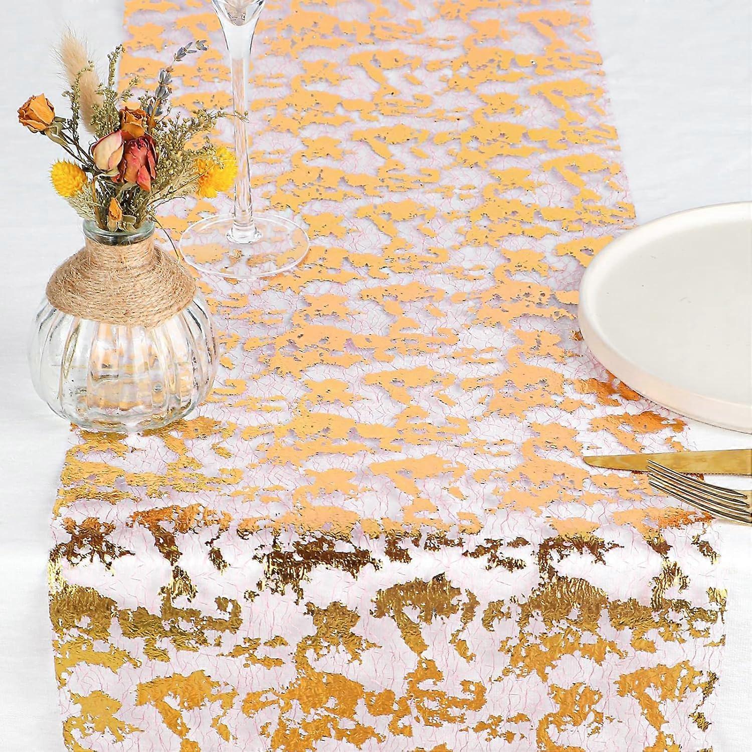 Pink Net Table Runner with Gold Leaf 28cmx5m, Metallic Table Ribbon