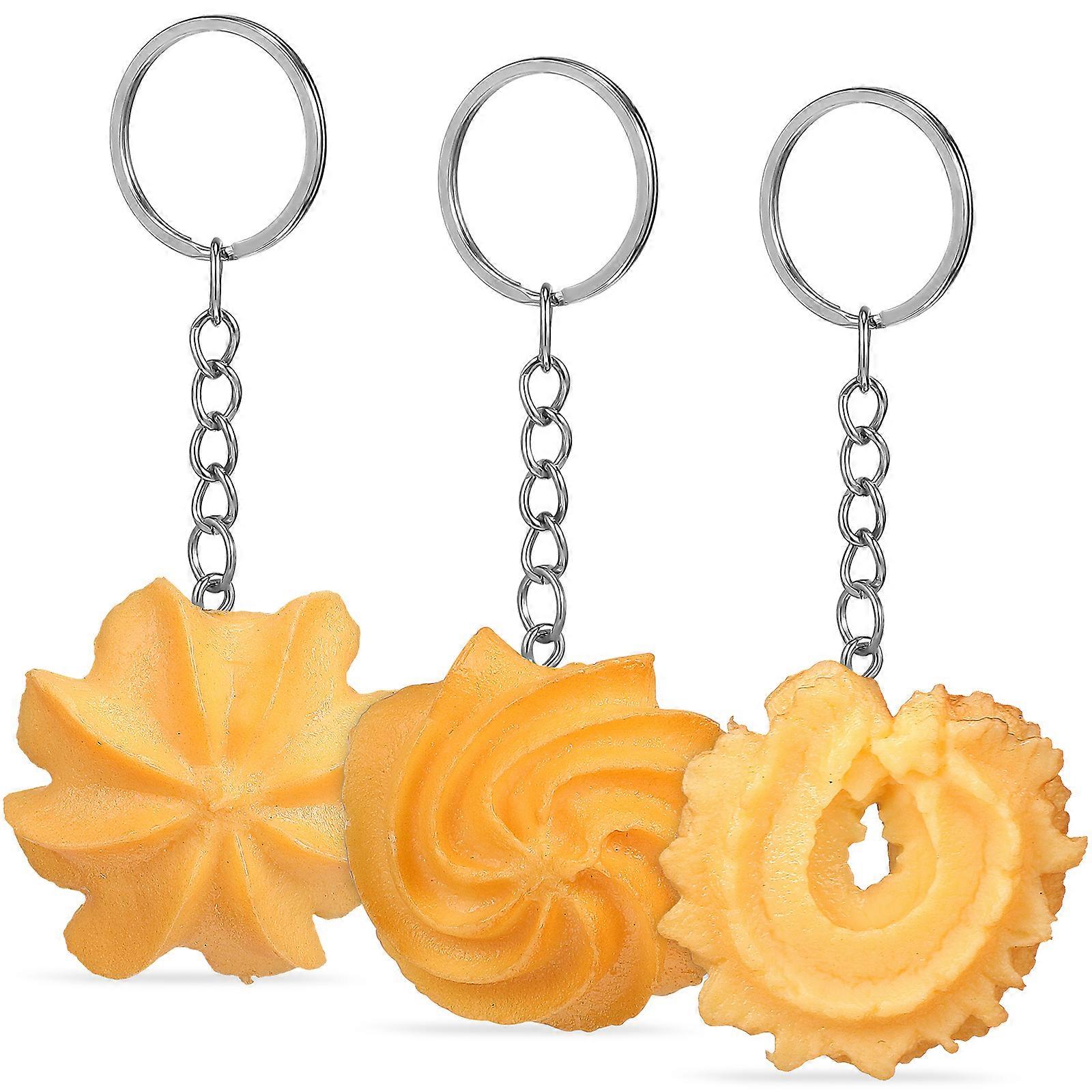 3Pcs Cookie Key Chains Artificial Biscuit Model Key Rings Decorative School Bag Pendant for Handbag