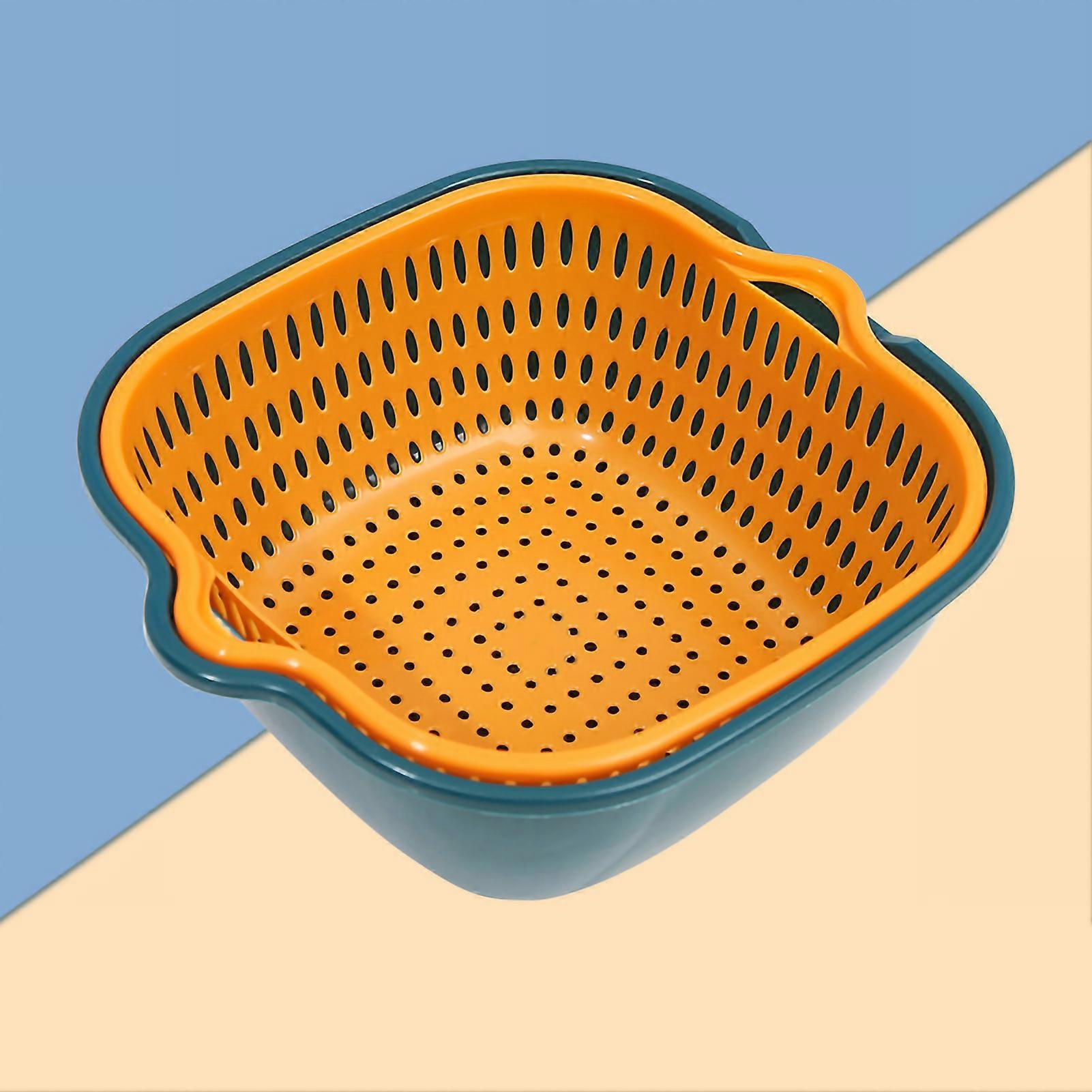 Vegetable Washing Basket Double Layer Drain Quickly Suspend Multifunction Fruit Strainer with Side Handle for Kitchen (Blue+Yellow)